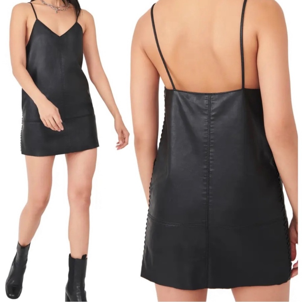 NWT Free People Slip Into Something Black Faux Leather Minidress women